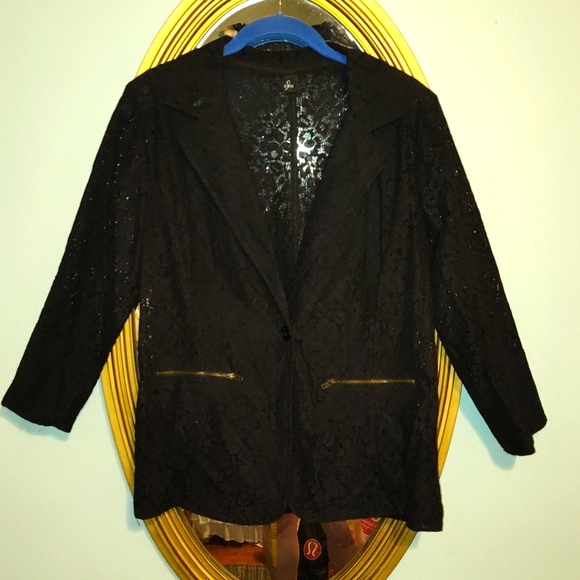 💲💖3 for $30💖💲 Semi Sheer Black Lace LS Deep V Front Button Blazer-Lrg - Picture 1 of 4